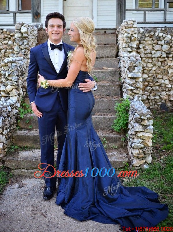 Mermaid Navy Blue Sleeveless Sweep Train Ruching Homecoming Party Dress