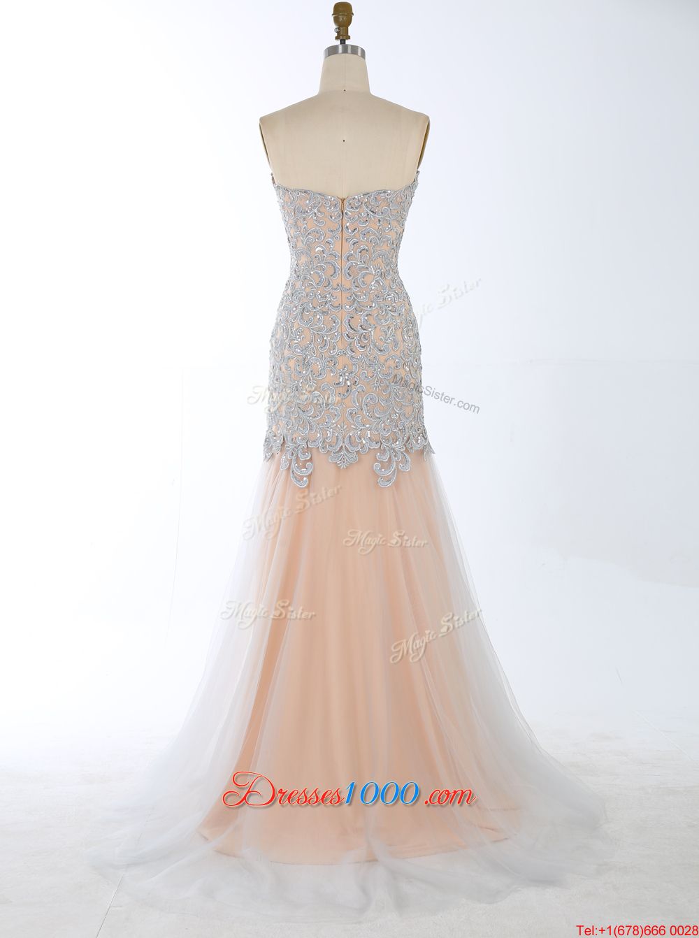 Champagne Mermaid Beading Zipper Satin Sleeveless With Train
