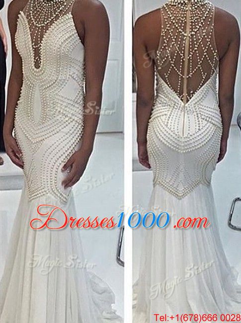 Attractive Mermaid High-neck Sleeveless Tulle Beading Sweep Train Criss Cross