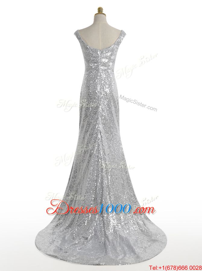 Mermaid Sequins With Train Silver Evening Wear Square Sleeveless Sweep Train Zipper