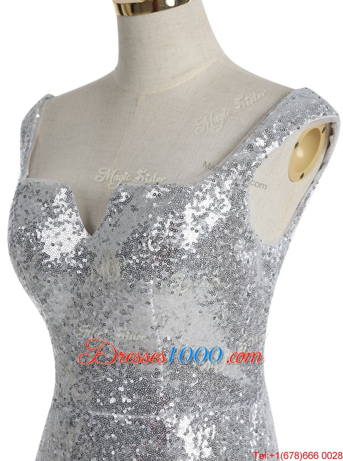 Mermaid Sequins With Train Silver Evening Wear Square Sleeveless Sweep Train Zipper