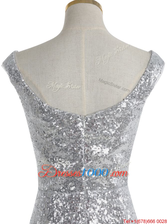 Mermaid Sequins With Train Silver Evening Wear Square Sleeveless Sweep Train Zipper