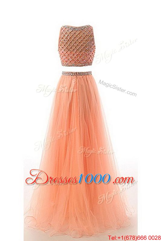 Classical Orange A-line Organza Scoop Sleeveless Beading and Belt Side Zipper Juniors Evening Dress Sweep Train