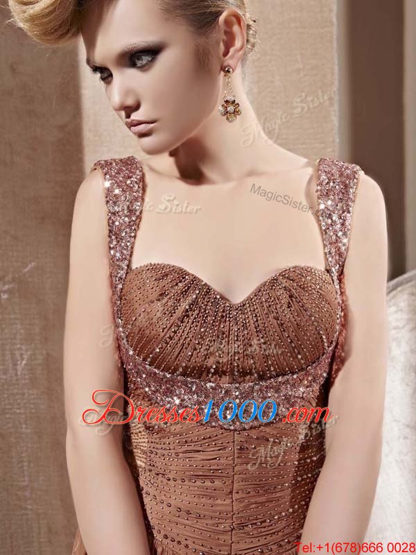 Charming Brown Chiffon Zipper Sweetheart Sleeveless Floor Length Prom Party Dress Beading