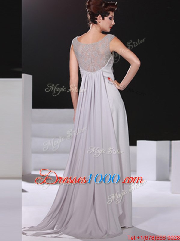 Silver Bateau Side Zipper Beading and Lace Dress for Prom Sleeveless