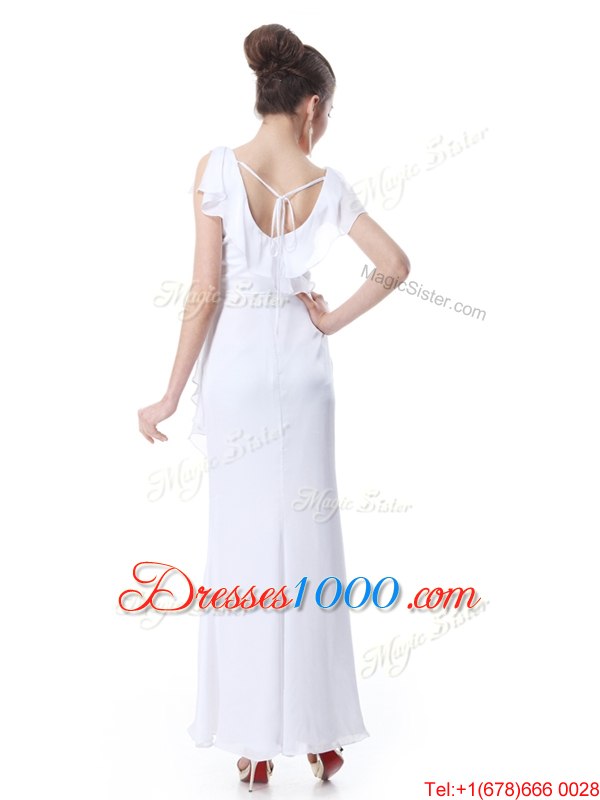 White Column/Sheath Ruffles Homecoming Dress Zipper Chiffon Cap Sleeves Floor Length