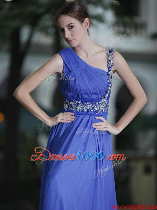 One Shoulder Blue Column/Sheath Hand Made Flower Side Zipper Chiffon Sleeveless Floor Length