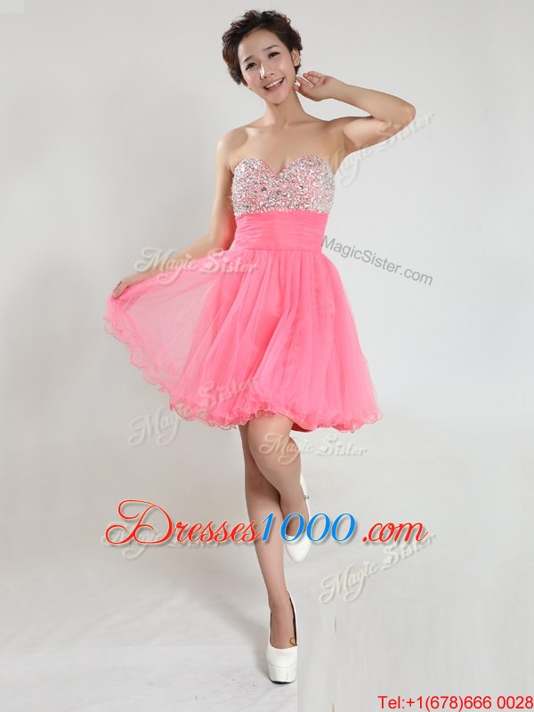 Pink Chiffon Lace Up Casual Dresses Sleeveless Knee Length Beading