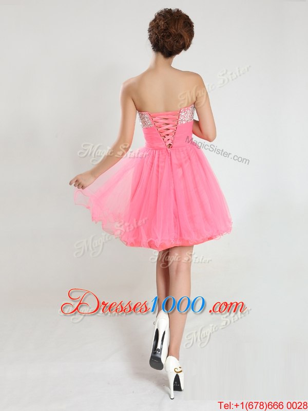 Pink Chiffon Lace Up Casual Dresses Sleeveless Knee Length Beading