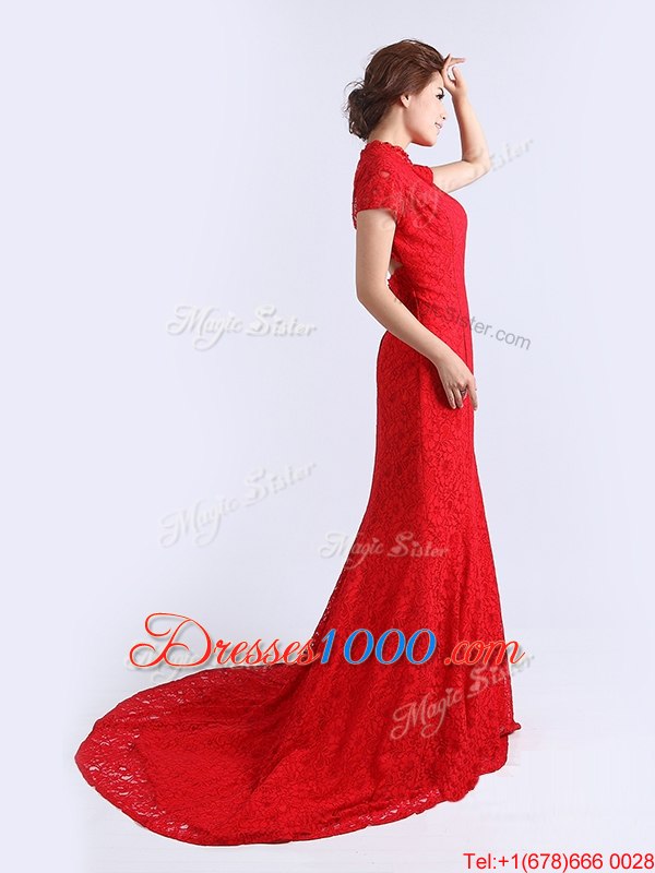 Cap Sleeves With Train Lace Backless Prom Dresses with Red Brush Train
