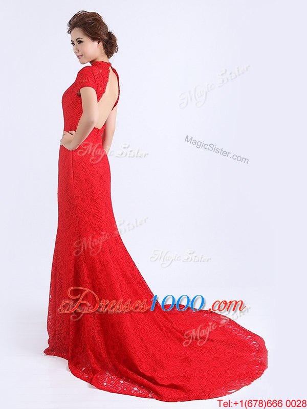 Cap Sleeves With Train Lace Backless Prom Dresses with Red Brush Train