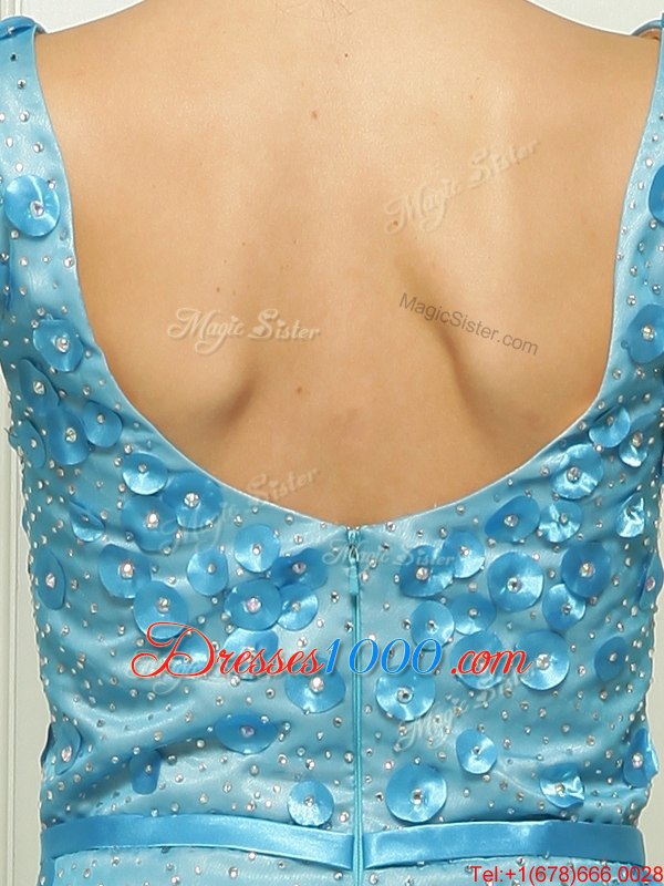 Super Baby Blue Mermaid Bateau Sleeveless Chiffon With Brush Train Zipper Beading and Appliques Juniors Evening Dress
