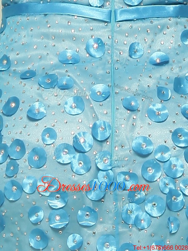 Super Baby Blue Mermaid Bateau Sleeveless Chiffon With Brush Train Zipper Beading and Appliques Juniors Evening Dress