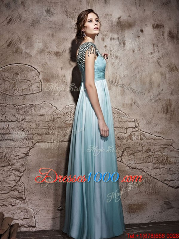 Captivating One Shoulder Beading and Ruching Womens Evening Dresses Light Blue Side Zipper Sleeveless Floor Length