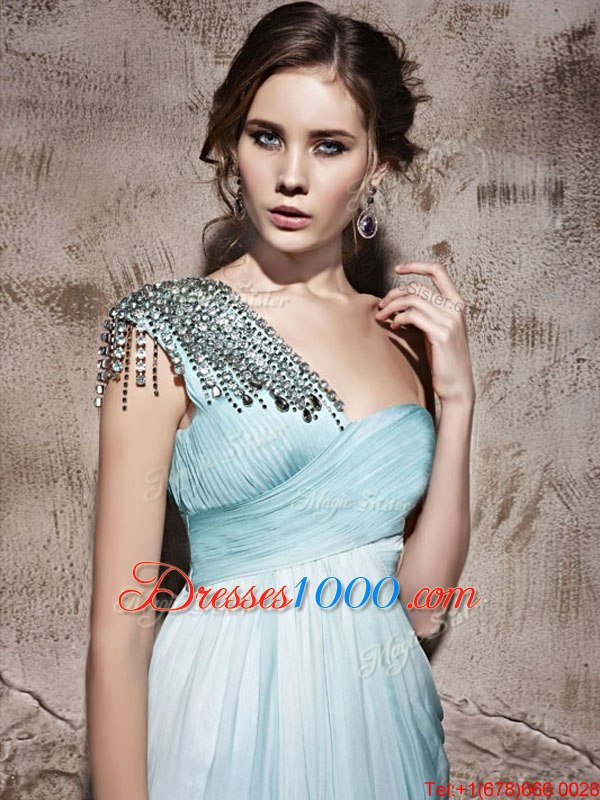 Captivating One Shoulder Beading and Ruching Womens Evening Dresses Light Blue Side Zipper Sleeveless Floor Length