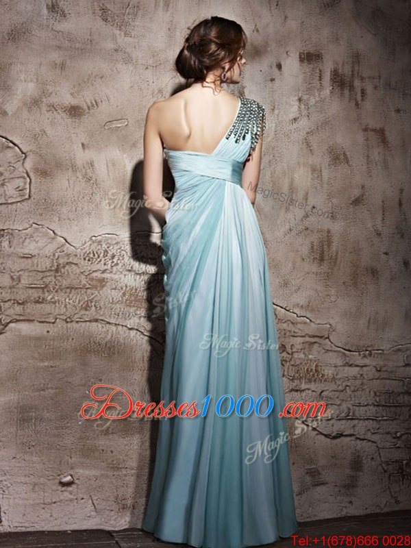 Captivating One Shoulder Beading and Ruching Womens Evening Dresses Light Blue Side Zipper Sleeveless Floor Length