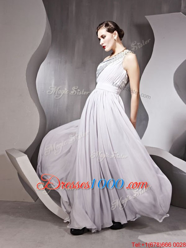 One Shoulder Sleeveless Side Zipper Prom Gown Silver Chiffon