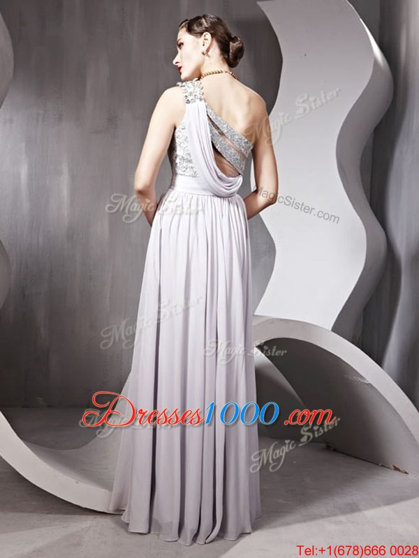 One Shoulder Sleeveless Side Zipper Prom Gown Silver Chiffon