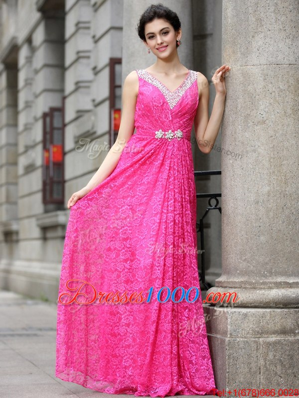 Floor Length Zipper Homecoming Dress Hot Pink and In for Prom and Party with Beading and Lace