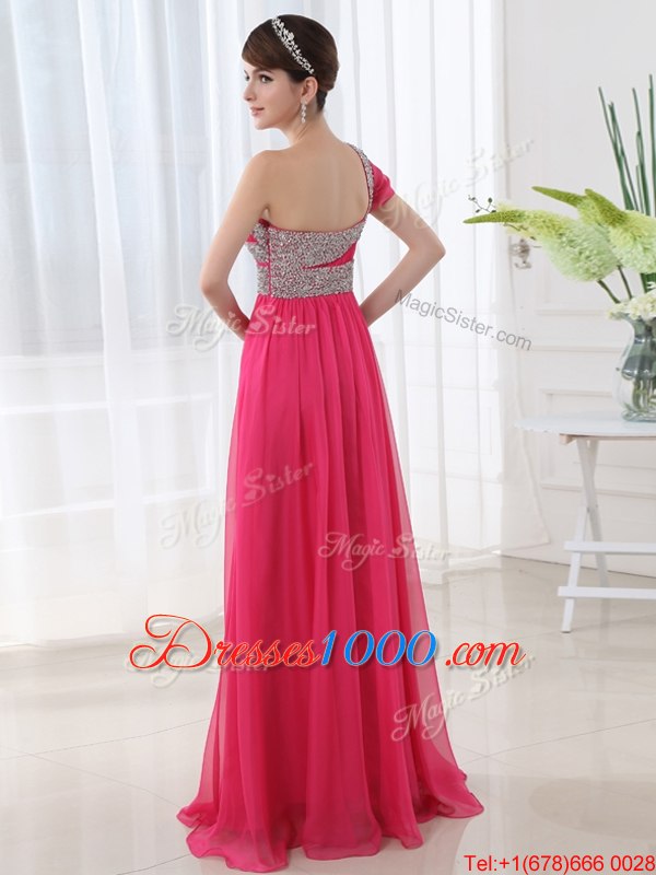 Elegant Hot Pink Chiffon Side Zipper One Shoulder Cap Sleeves With Train Womens Evening Dresses Brush Train Beading and Ruching