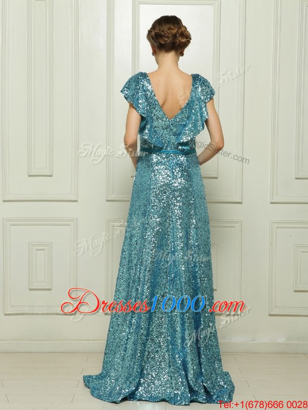 Teal Evening Dresses Prom and Party and For with Sequins and Bowknot V-neck Sleeveless Zipper