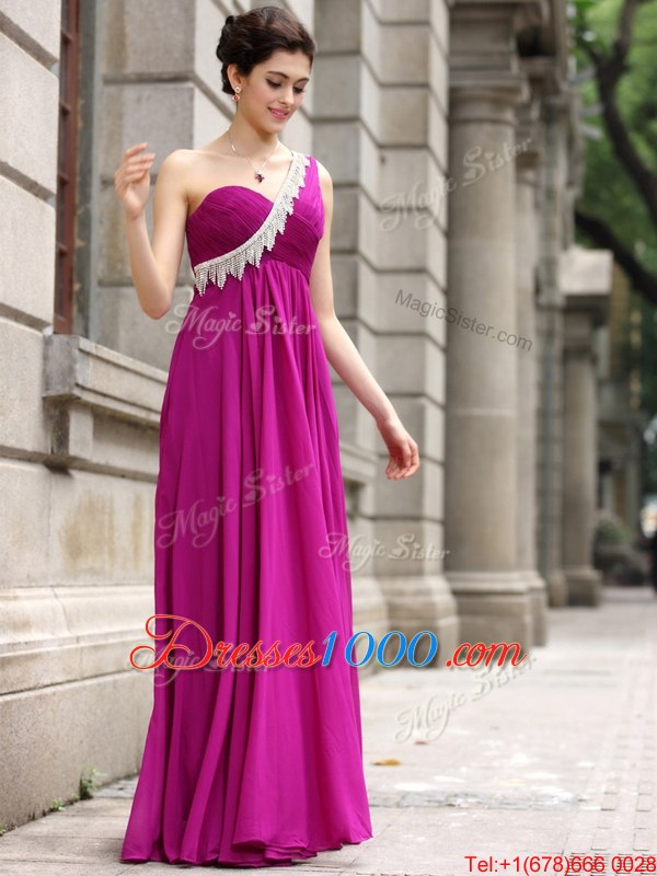Top Selling One Shoulder Fuchsia Sleeveless Chiffon Zipper Dress for Prom for Prom and Party