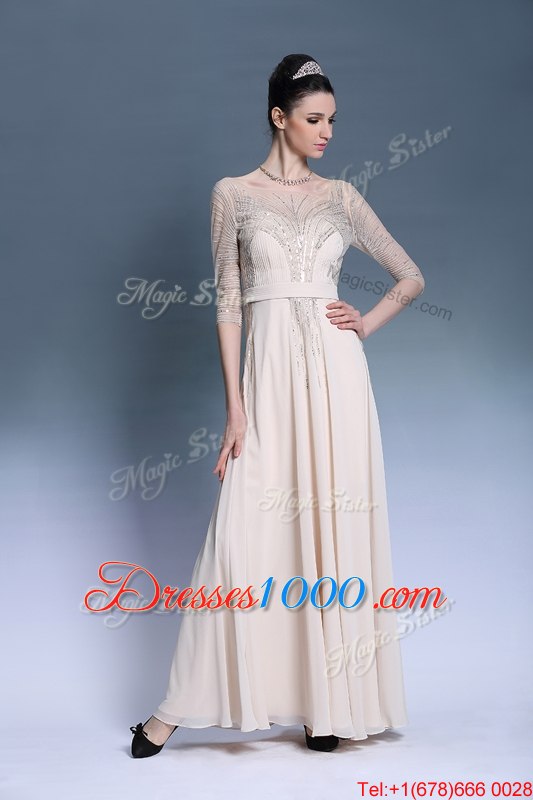 Flirting Pleated Column/Sheath Evening Dress Champagne Bateau Chiffon Short Sleeves Floor Length Zipper