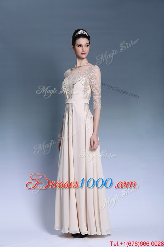 Flirting Pleated Column/Sheath Evening Dress Champagne Bateau Chiffon Short Sleeves Floor Length Zipper