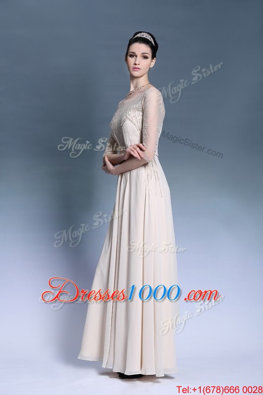 Flirting Pleated Column/Sheath Evening Dress Champagne Bateau Chiffon Short Sleeves Floor Length Zipper