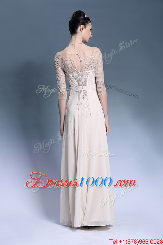 Flirting Pleated Column/Sheath Evening Dress Champagne Bateau Chiffon Short Sleeves Floor Length Zipper