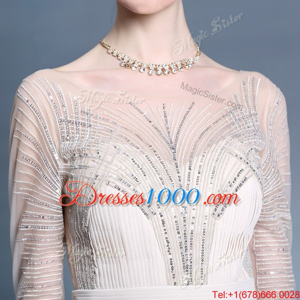 Flirting Pleated Column/Sheath Evening Dress Champagne Bateau Chiffon Short Sleeves Floor Length Zipper