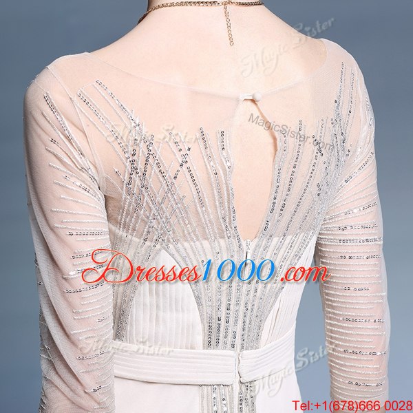 Flirting Pleated Column/Sheath Evening Dress Champagne Bateau Chiffon Short Sleeves Floor Length Zipper