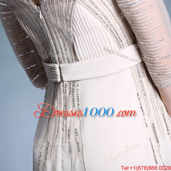 Flirting Pleated Column/Sheath Evening Dress Champagne Bateau Chiffon Short Sleeves Floor Length Zipper