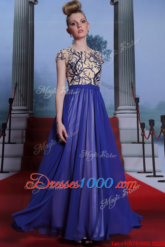 Best Selling Royal Blue Column/Sheath Scoop Cap Sleeves Chiffon Floor Length Zipper Embroidery and Sequins Prom Dress
