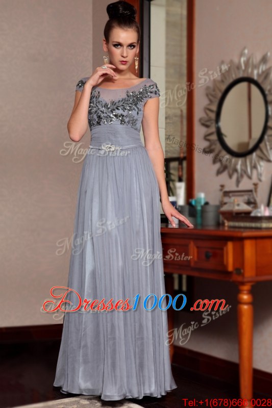 Fashionable Scoop Floor Length Side Zipper Homecoming Dress Grey and In for Prom and Party with Beading and Sequins and Ruching and Belt