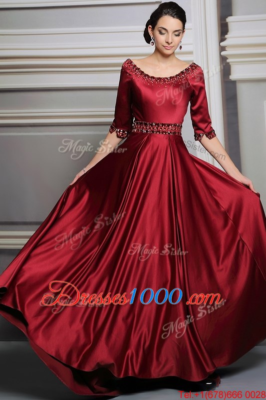 Red Zipper Bateau Beading and Belt Dress for Prom Satin Half Sleeves Brush Train