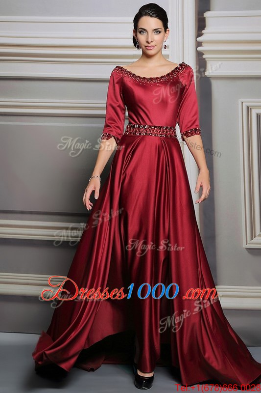 Red Zipper Bateau Beading and Belt Dress for Prom Satin Half Sleeves Brush Train