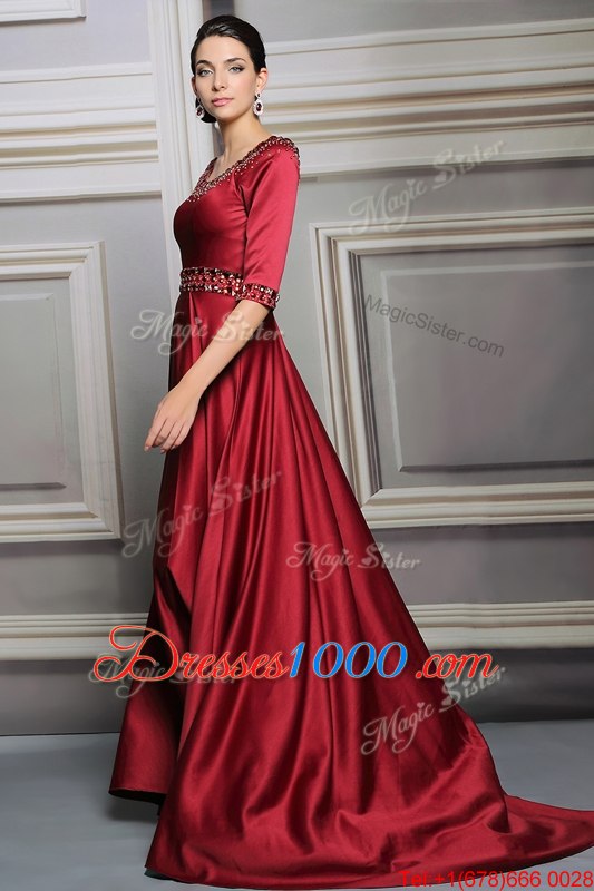 Red Zipper Bateau Beading and Belt Dress for Prom Satin Half Sleeves Brush Train