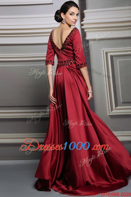 Red Zipper Bateau Beading and Belt Dress for Prom Satin Half Sleeves Brush Train