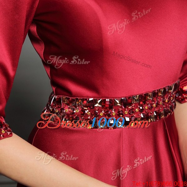 Red Zipper Bateau Beading and Belt Dress for Prom Satin Half Sleeves Brush Train