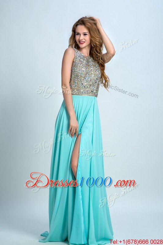 Scoop Sleeveless With Train Beading Backless with Aqua Blue Brush Train
