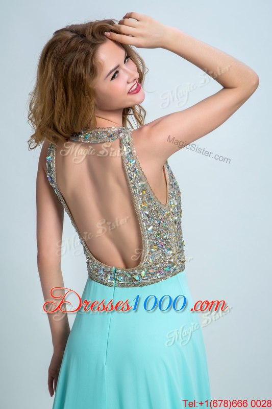 Scoop Sleeveless With Train Beading Backless with Aqua Blue Brush Train