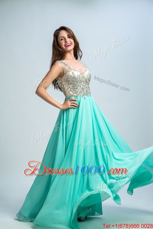 Cute Aqua Blue Empire Chiffon V-neck Sleeveless Beading and Appliques Floor Length Zipper Evening Dresses