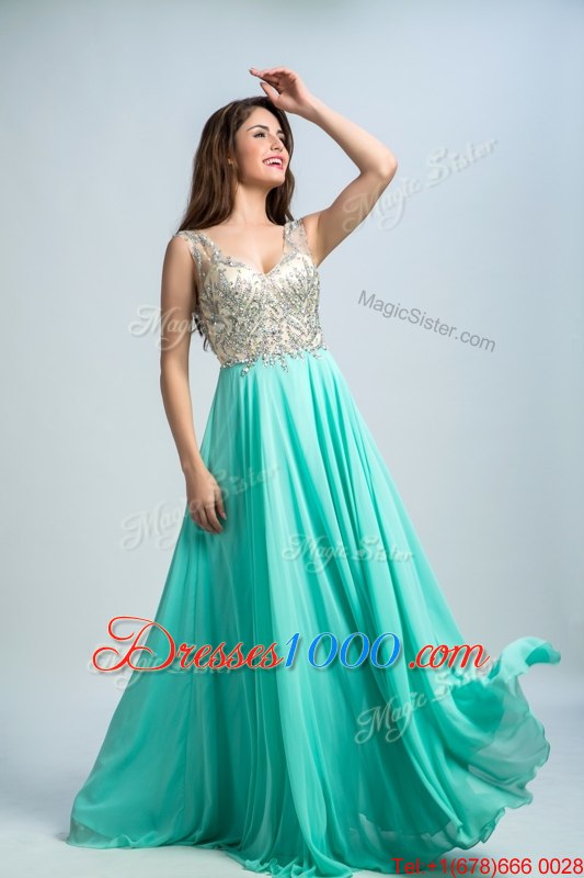 Cute Aqua Blue Empire Chiffon V-neck Sleeveless Beading and Appliques Floor Length Zipper Evening Dresses