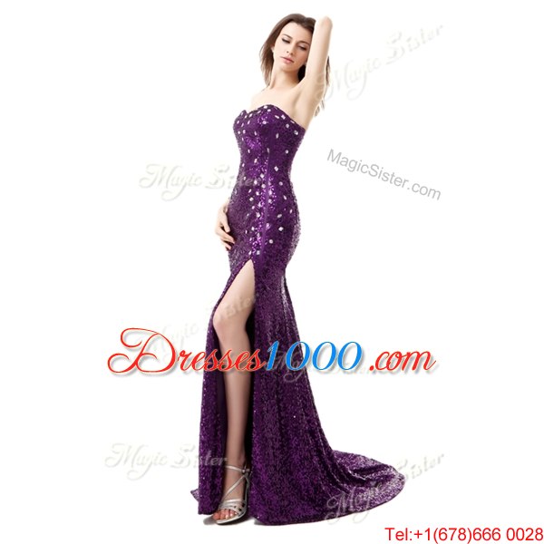 Mermaid Purple Sleeveless Sequined Brush Train Side Zipper Dress for Prom for Prom