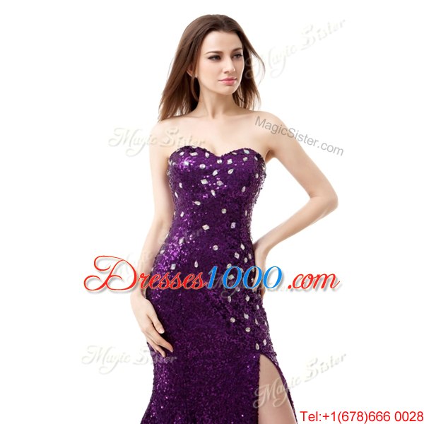 Mermaid Purple Sleeveless Sequined Brush Train Side Zipper Dress for Prom for Prom