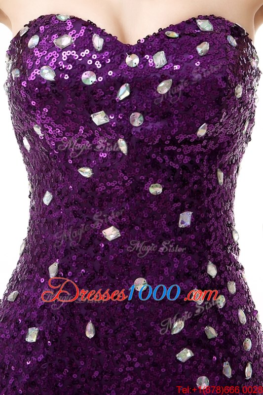 Mermaid Purple Sleeveless Sequined Brush Train Side Zipper Dress for Prom for Prom
