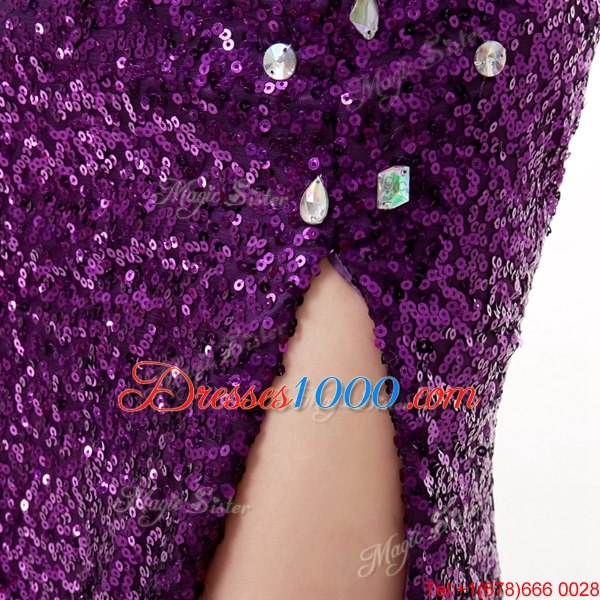 Mermaid Purple Sleeveless Sequined Brush Train Side Zipper Dress for Prom for Prom