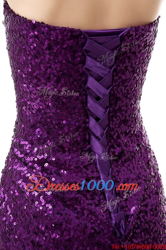 Mermaid Purple Sleeveless Sequined Brush Train Side Zipper Dress for Prom for Prom