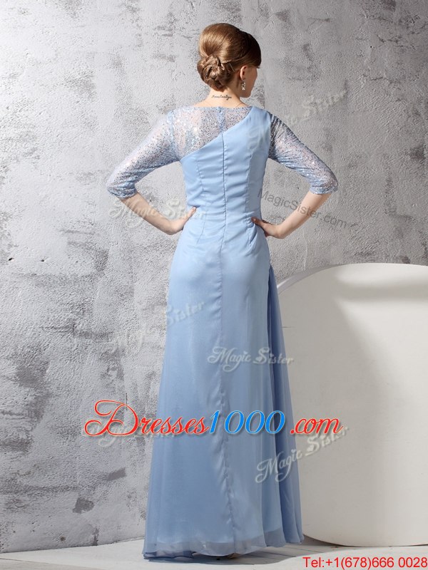 High End Scoop Ankle Length Light Blue Evening Dress Chiffon Half Sleeves Beading and Ruching